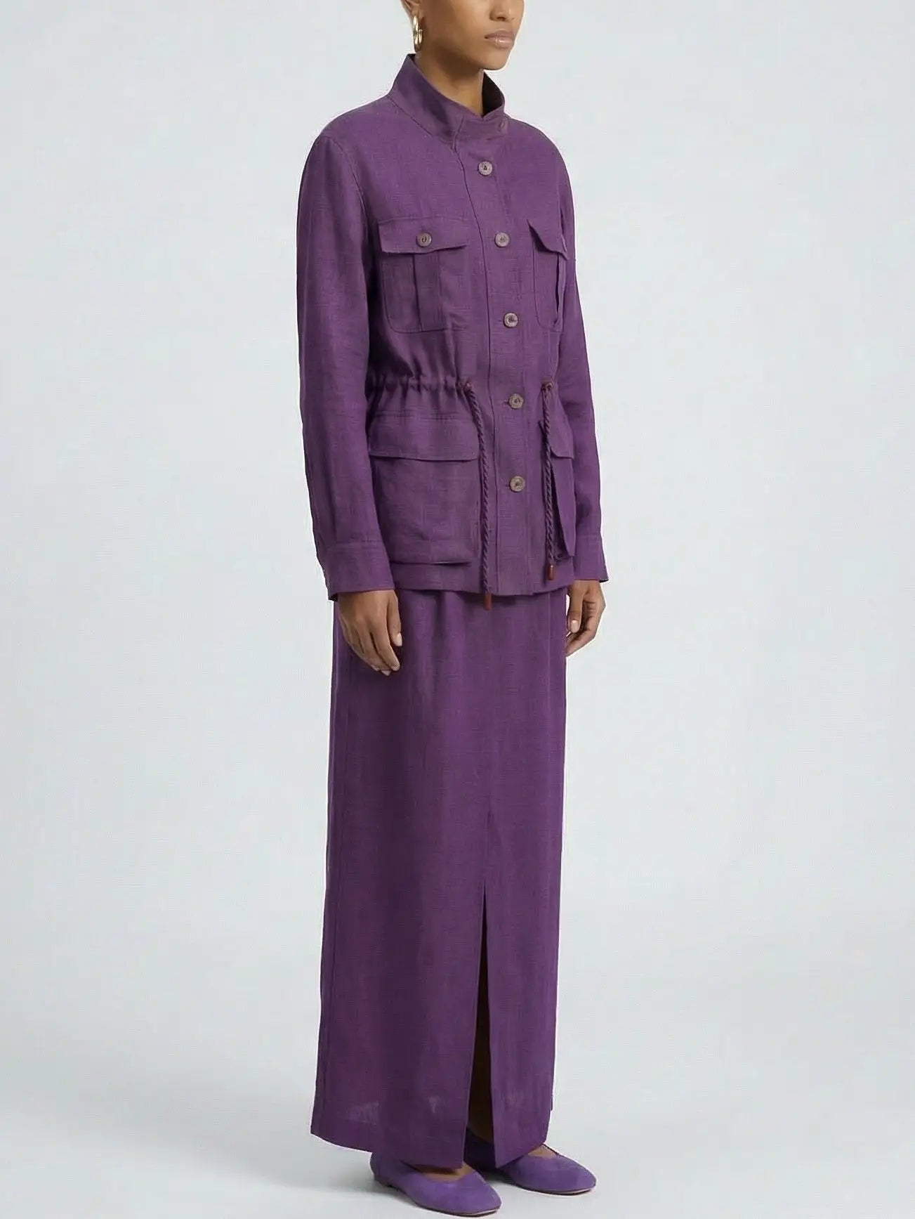 Linen Utility Jacket and Maxi Skirt Set - Suits & Sets