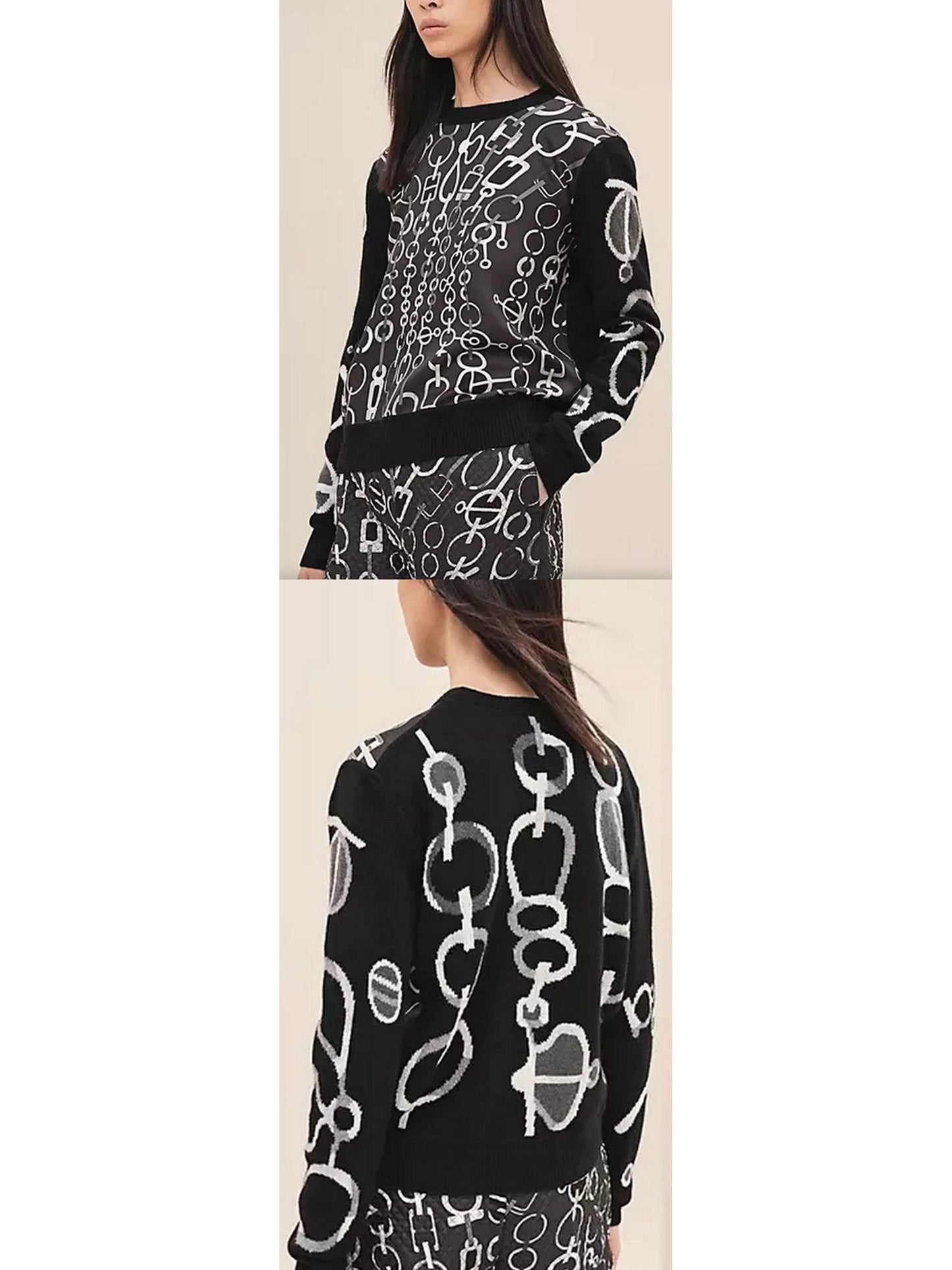 Link Print Long-Sleeve Twillaine Sweater - Branna Couture