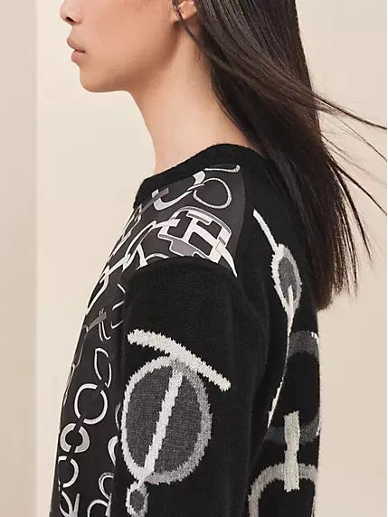 Link Print Long-Sleeve Twillaine Sweater - Branna Couture