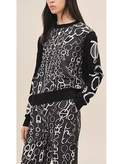 Link Print Long-Sleeve Twillaine Sweater - Branna Couture