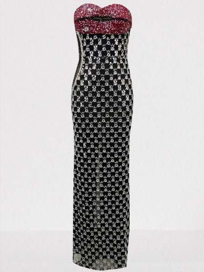 Lip-Shaped Bustier Sequin Strapless Maxi Dress - Dresses