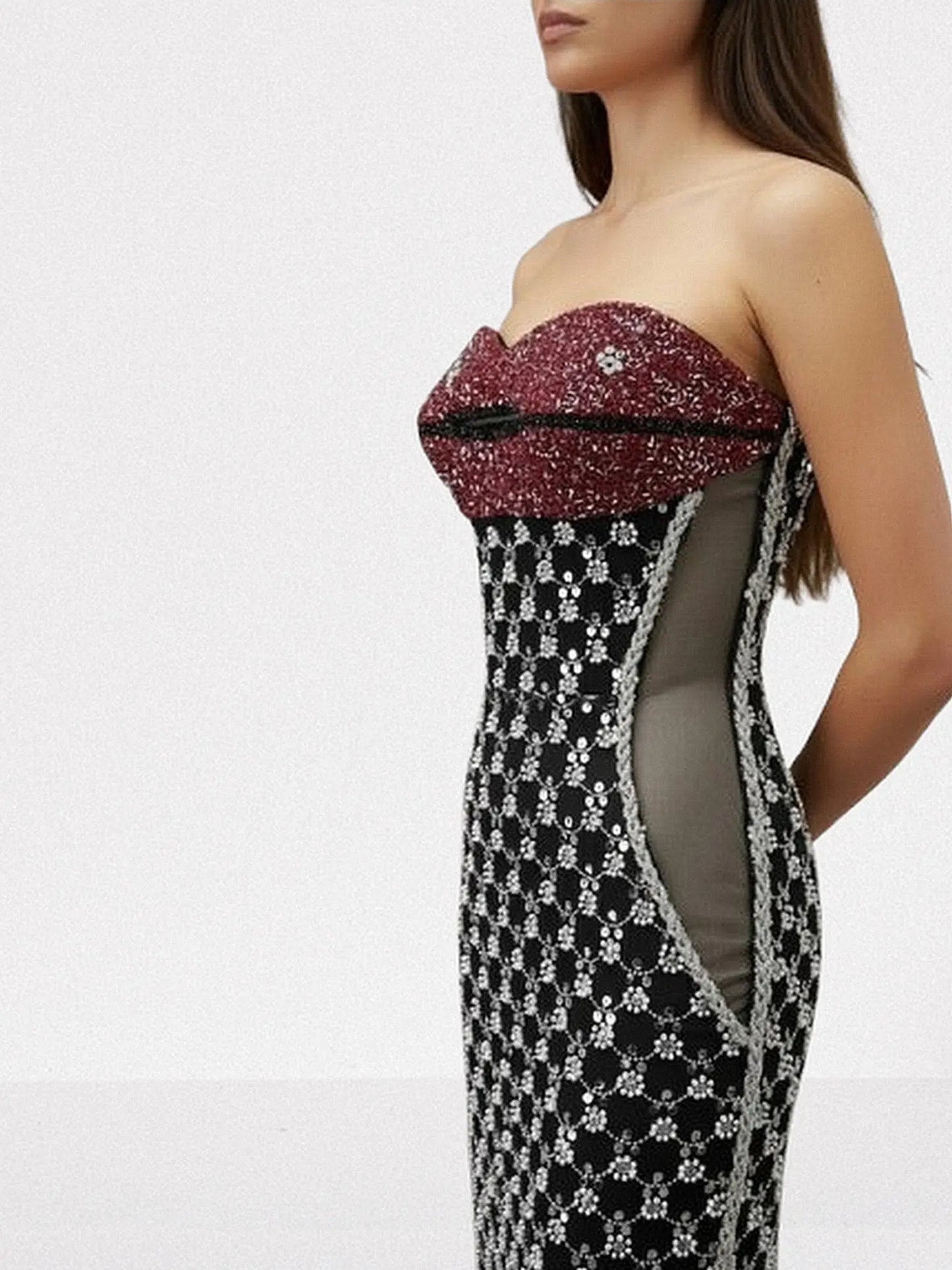 Lip-Shaped Bustier Sequin Strapless Maxi Dress - Dresses