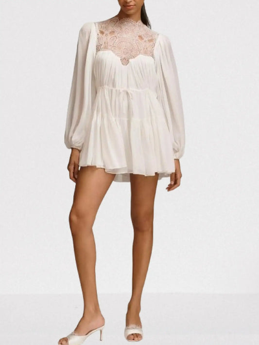 Long-Balloon-Sleeve Lace Detailed Mini Dress - S / White - Dresses