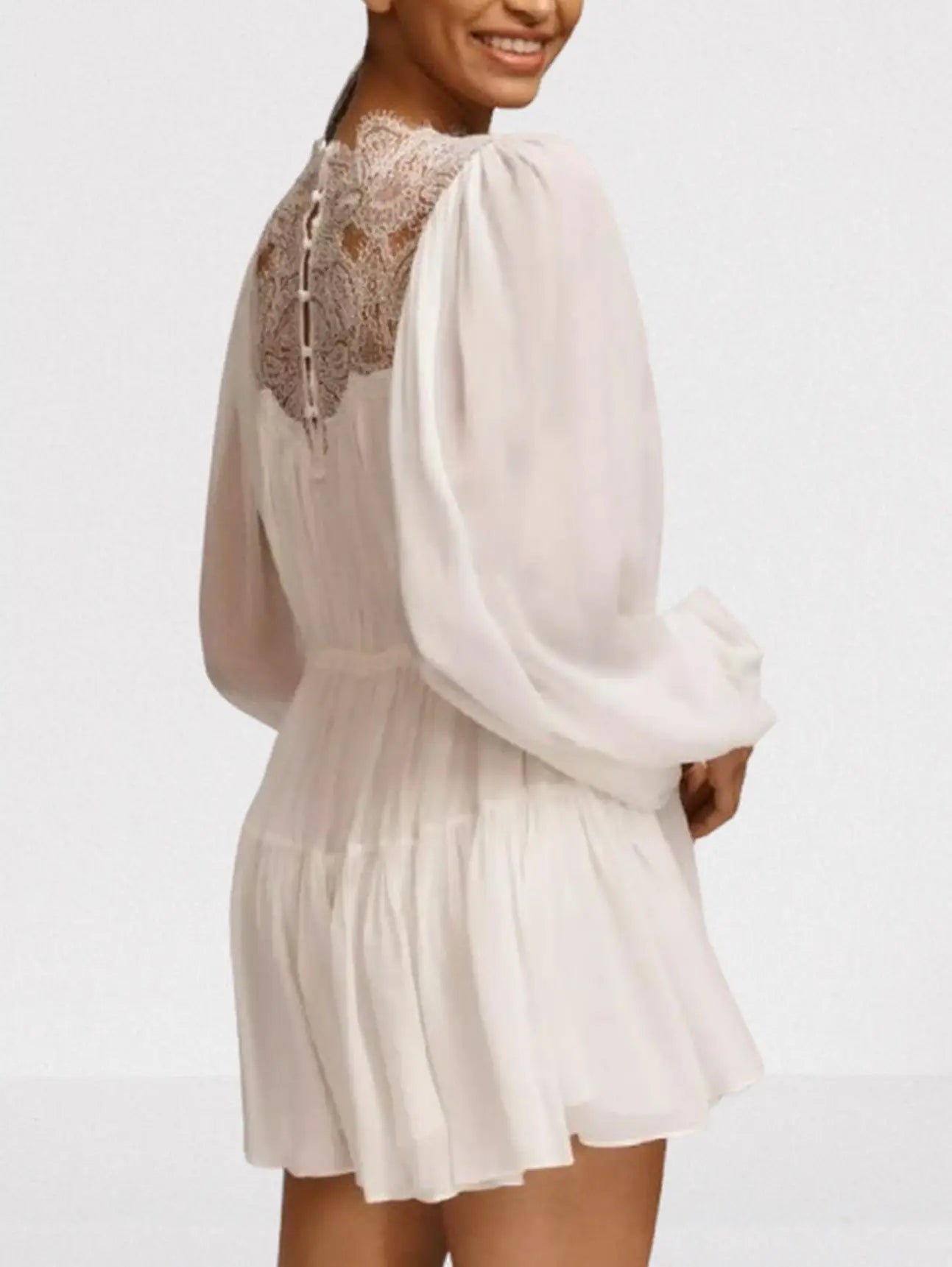 Long-Balloon-Sleeve Lace Detailed Mini Dress - Dresses