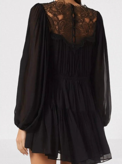 Long-Balloon-Sleeve Lace Detailed Mini Dress - Dresses