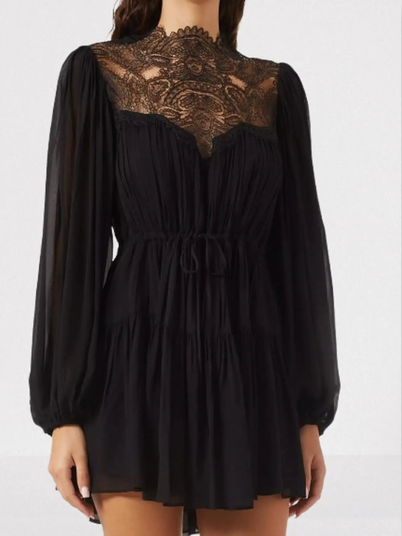 Long-Balloon-Sleeve Lace Detailed Mini Dress - S / Black - Dresses