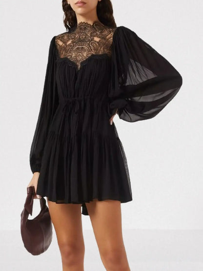 Long-Balloon-Sleeve Lace Detailed Mini Dress - Dresses