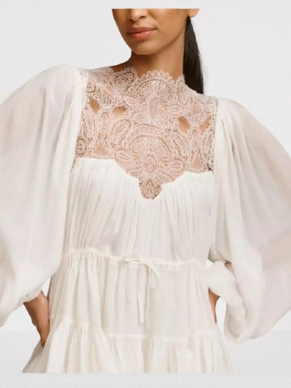 Long-Balloon-Sleeve Lace Detailed Mini Dress - Dresses