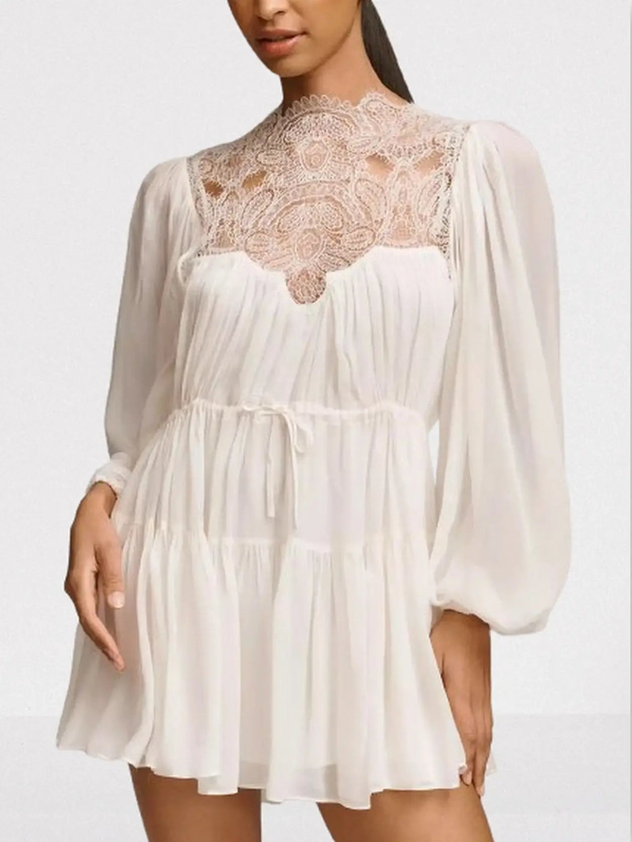 Long-Balloon-Sleeve Lace Detailed Mini Dress - Dresses