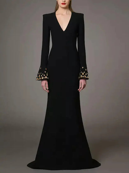 Long Black V-Neck Gown with Rhinestone Bell Sleeves Branna Couture