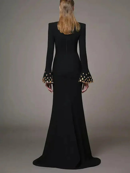 Long Black V-Neck Gown with Rhinestone Bell Sleeves Branna Couture