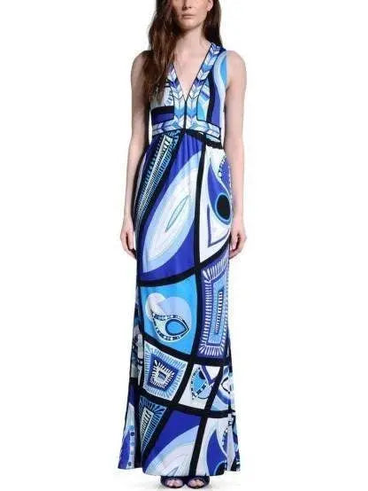 Long Blue Abstract Printed Dress - Branna Couture