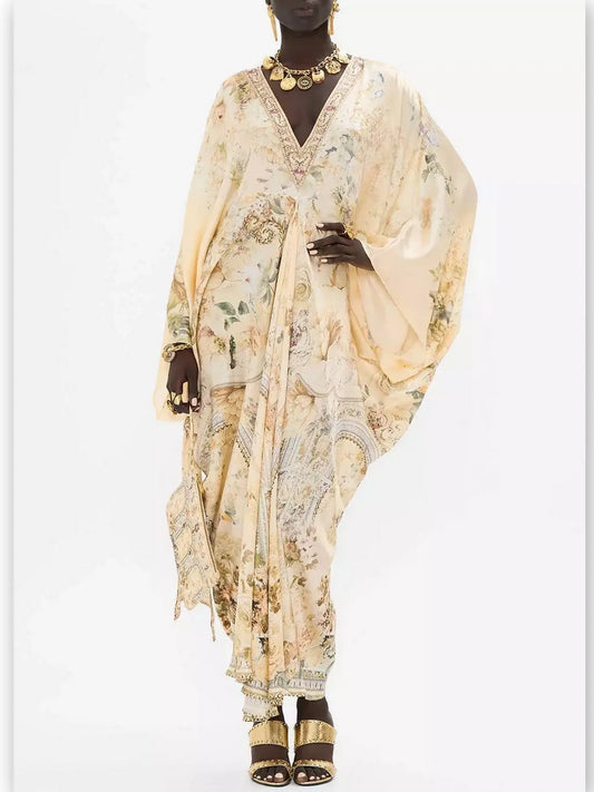 Long Draped V-Neck Kaftan Print Dress in Beige - Branna Couture