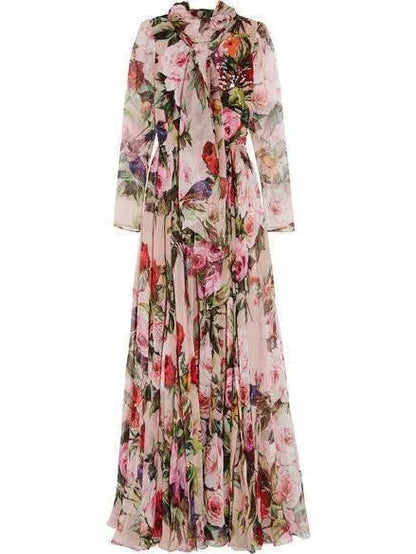 Long Floral Print Embellished Dress - Branna Couture