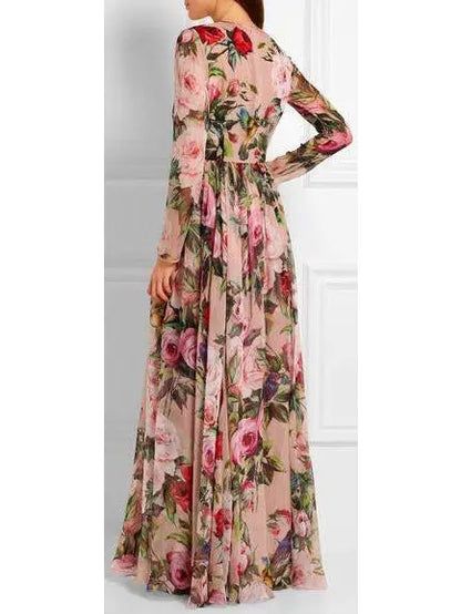 Long Floral Print Embellished Dress - Branna Couture