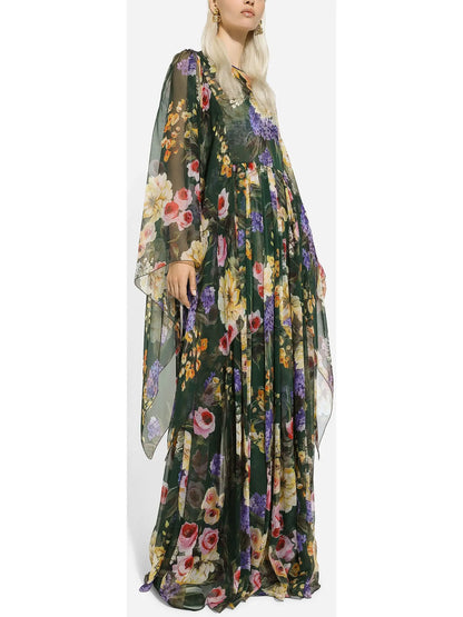 Long Garden-Print Chiffon Dress - Branna Couture