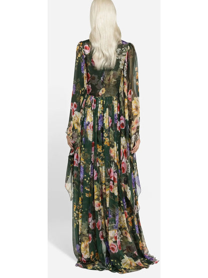 Long Garden-Print Chiffon Dress - Branna Couture