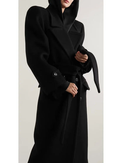 Long Oversized Wool and Cashmere Coat, Black - Branna Couture