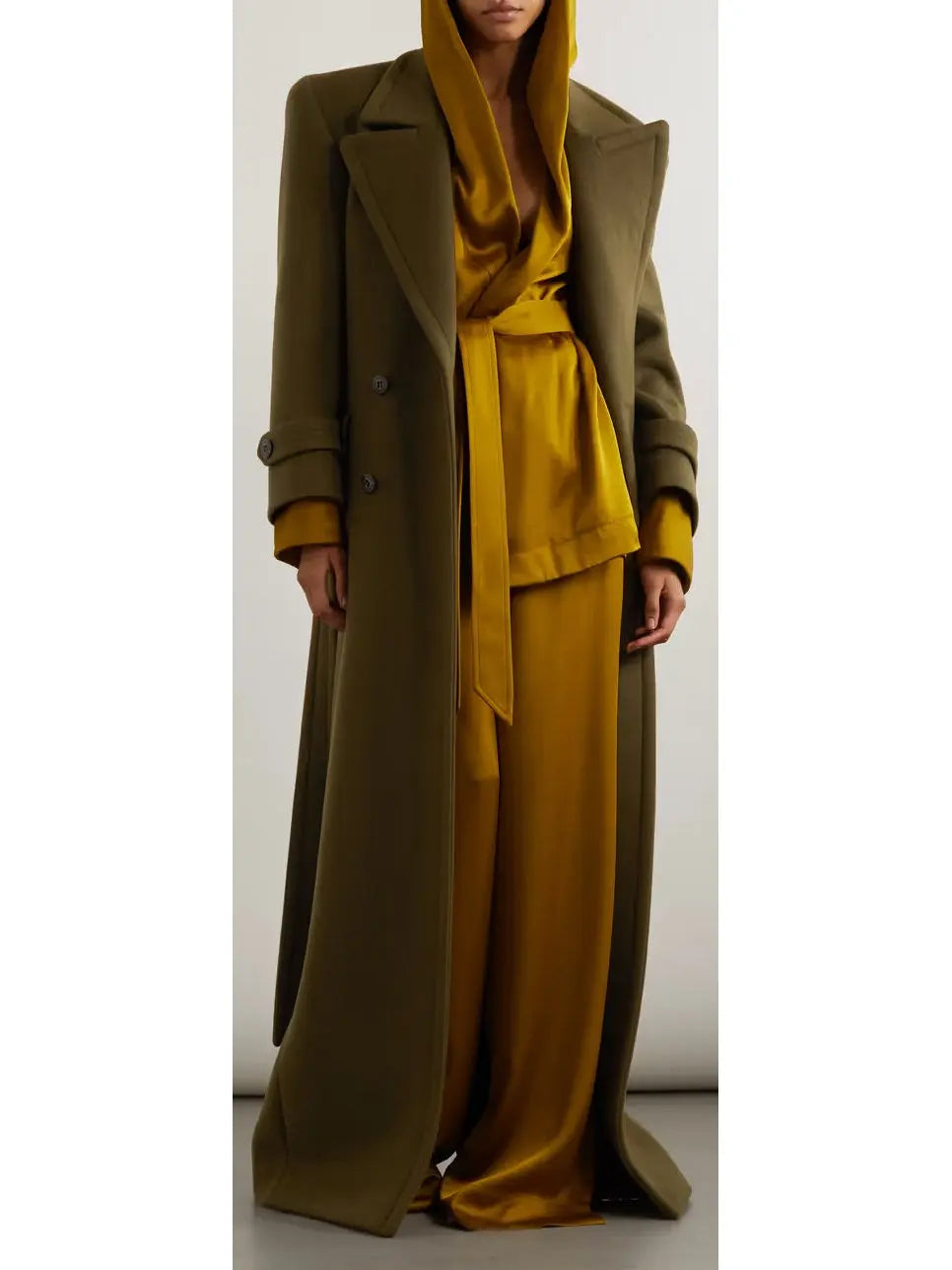 Long Oversized Wool and Cashmere Coat, Military Green - Branna Couture