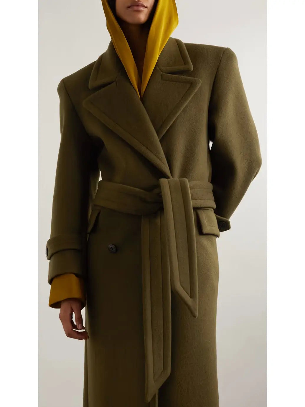 Long Oversized Wool and Cashmere Coat, Military Green - Branna Couture