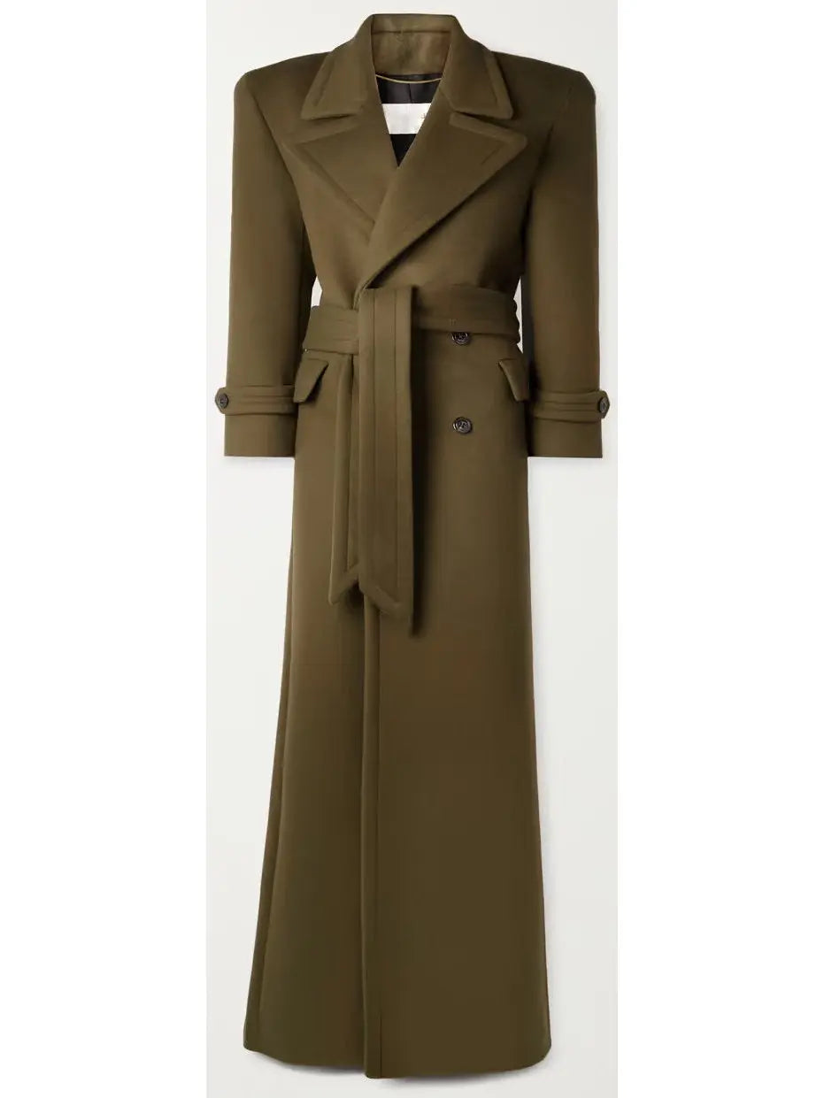 Long Oversized Wool and Cashmere Coat, Military Green - Branna Couture