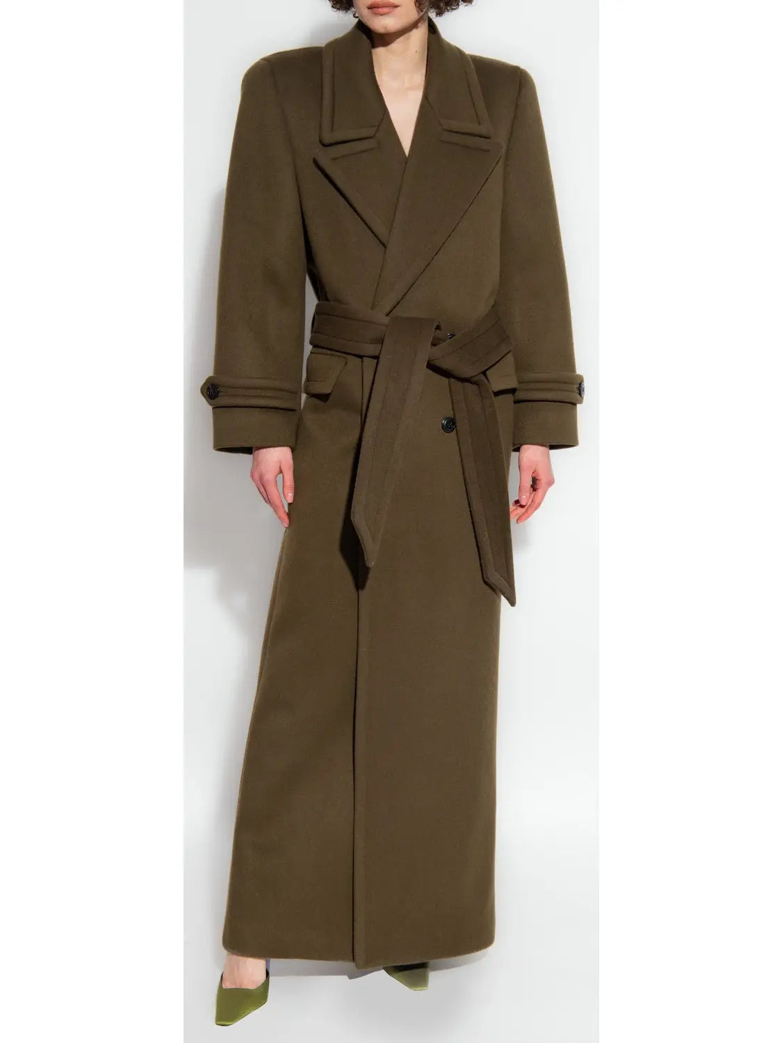 Long Oversized Wool and Cashmere Coat, Military Green - Branna Couture