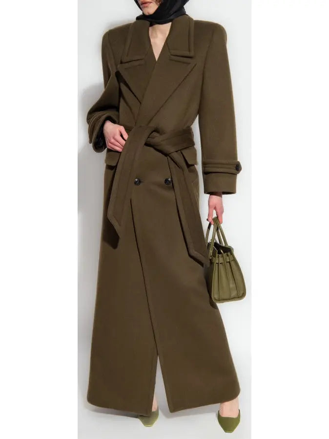 Long Oversized Wool and Cashmere Coat, Military Green - Branna Couture