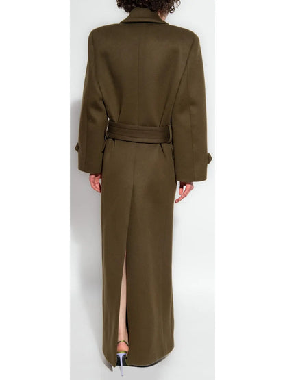 Long Oversized Wool and Cashmere Coat, Military Green - Branna Couture