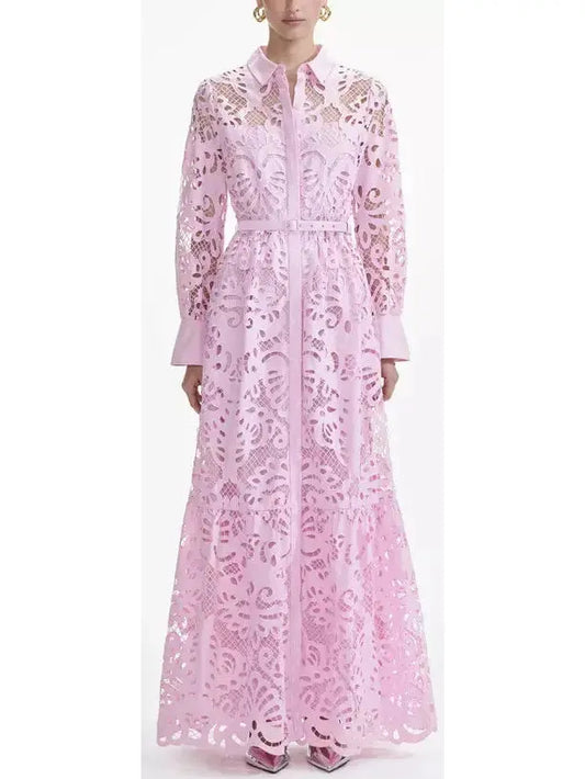 Long Pink Cotton Lace Dress - Branna Couture