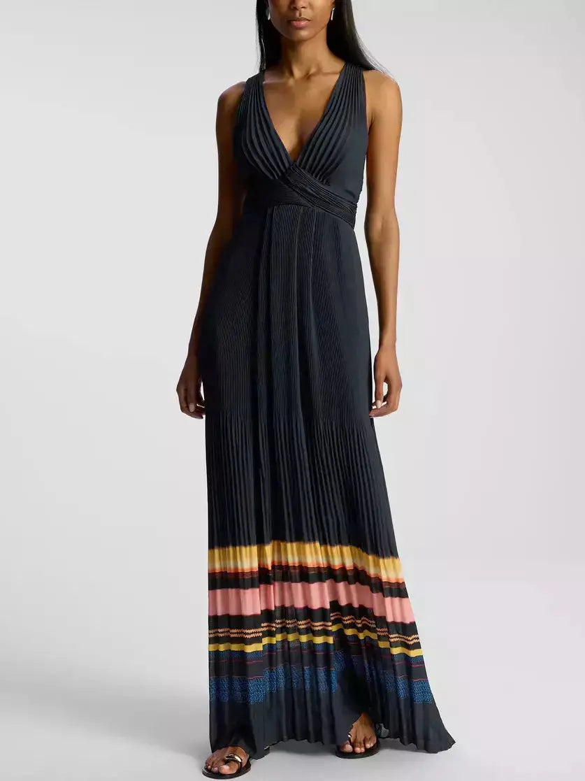 Long Pleated Stripe-Contrast Halter-Neck Dress - Branna Couture