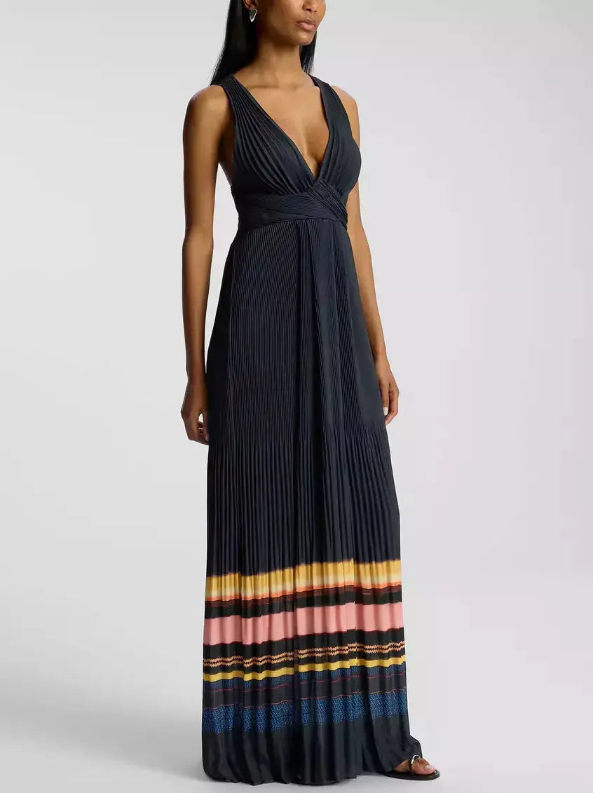 Long Pleated Stripe-Contrast Halter-Neck Dress - Branna Couture