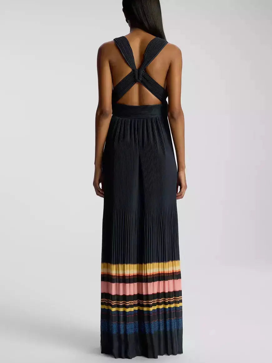 Long Pleated Stripe-Contrast Halter-Neck Dress - Branna Couture