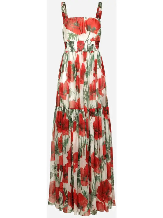 Long Poppy-Print Chiffon Dress - Branna Couture