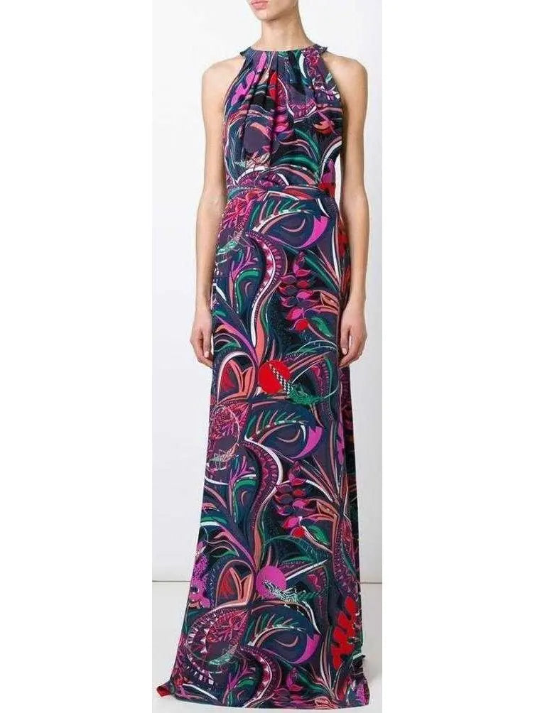 Long Printed Halter Jersey Silk Dress - Branna Couture