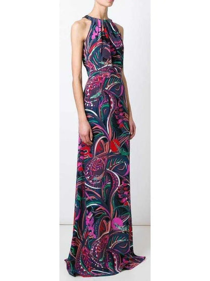 Long Printed Halter Jersey Silk Dress - Branna Couture