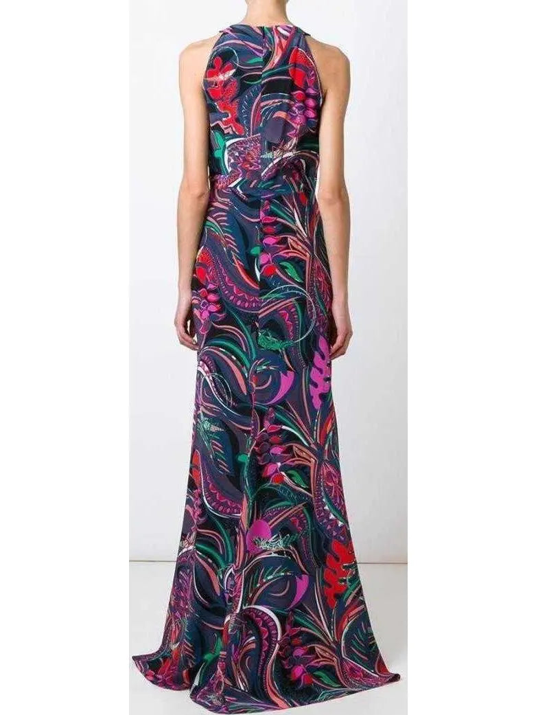 Long Printed Halter Jersey Silk Dress - Branna Couture