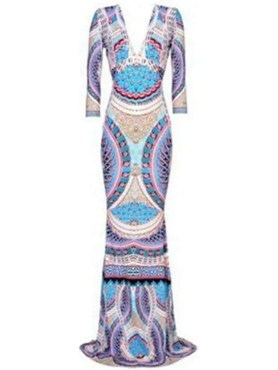 Long Printed V-Neck Jersey Silk Gown - Branna Couture