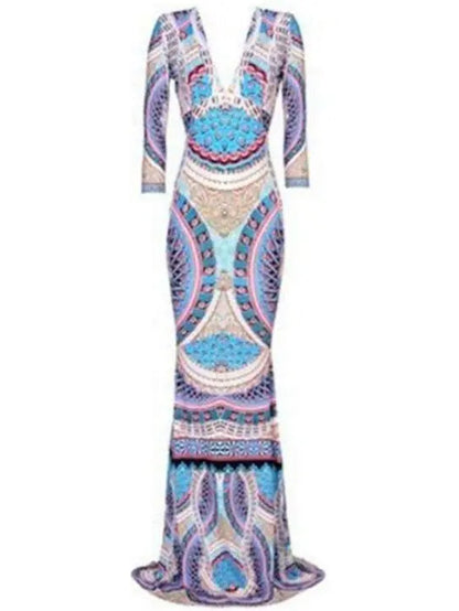 Long Printed V-Neck Jersey Silk Gown - Branna Couture