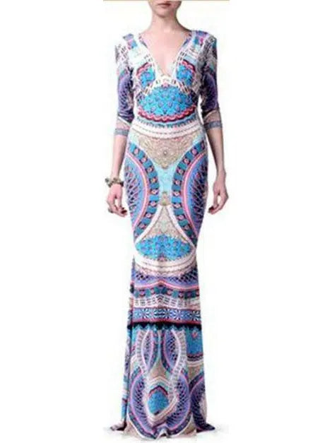 Long Printed V-Neck Jersey Silk Gown - Branna Couture