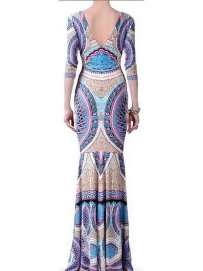 Long Printed V-Neck Jersey Silk Gown - Branna Couture