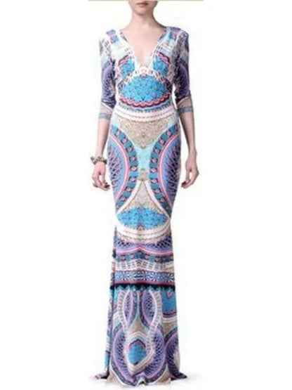 Long Printed V-Neck Jersey Silk Gown - Branna Couture