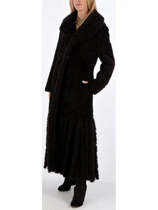 Long Shearling Fringe Coat, Black - Branna Couture