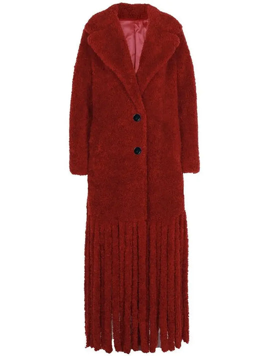 Long Shearling Fringe Coat, Red - Branna Couture