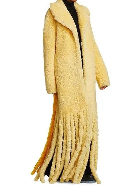 Long Shearling Fringe Coat, Yellow and Orange - Branna Couture