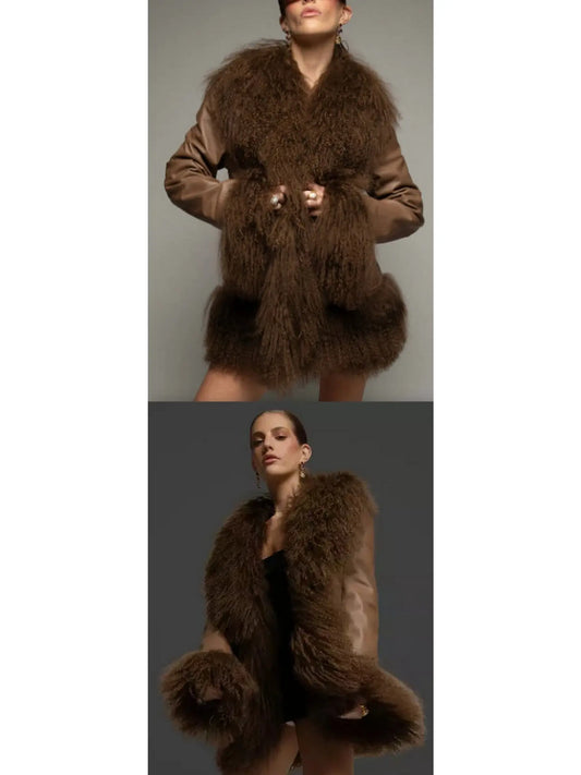 Long Shearling-Trim Leather Jacket, Brown - Branna Couture