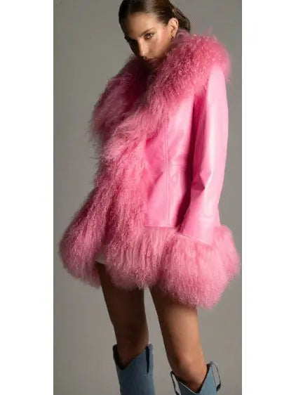 Long Shearling-Trim Leather Jacket, Pink - Branna Couture