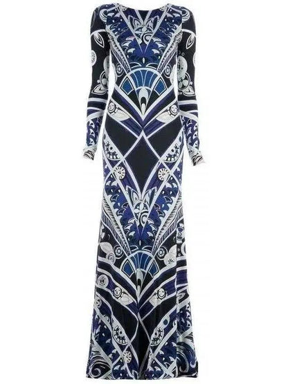 Long Silk Geometric Print Gown - Blue - Branna Couture