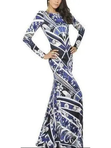 Long Silk Geometric Print Gown - Blue - Branna Couture