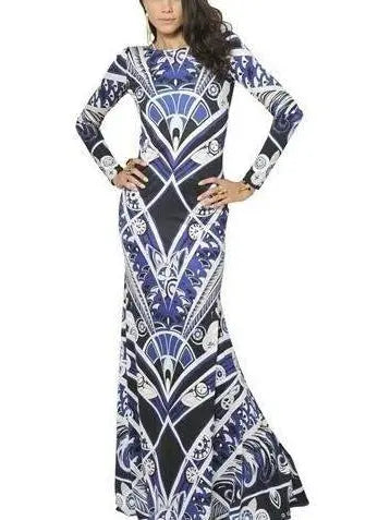 Long Silk Geometric Print Gown - Blue - Branna Couture