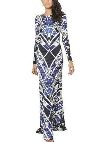 Long Silk Geometric Print Gown - Blue - Branna Couture